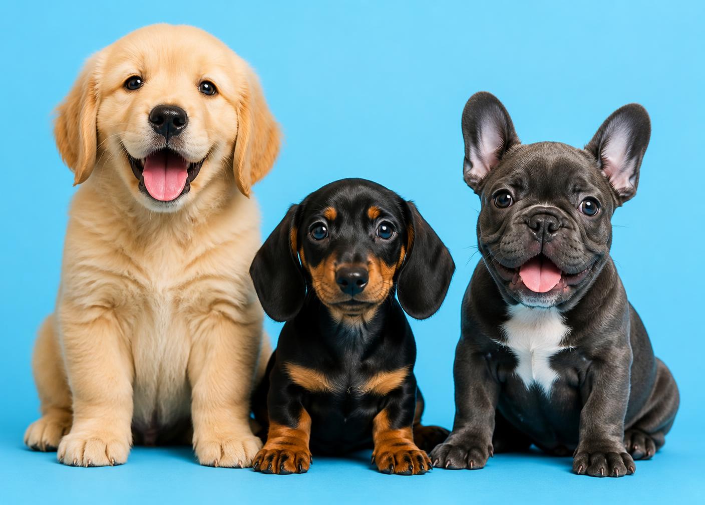 Three happy puppies sitting on a bold baby blue background